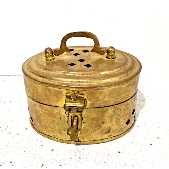 Miniature Brass Cricket Box Top Handle Pierced Metal Oval Hinged Lid Decorative - Picture 1 of 10